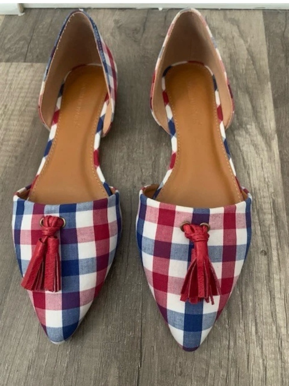 Southern Proper Red, Blue & White Plaid Pointed D'Orsay Flats with Red Tassels